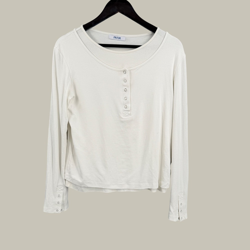 FRITUR Henley Long Sleeve Top One Size White Cotton Blend Snap Button